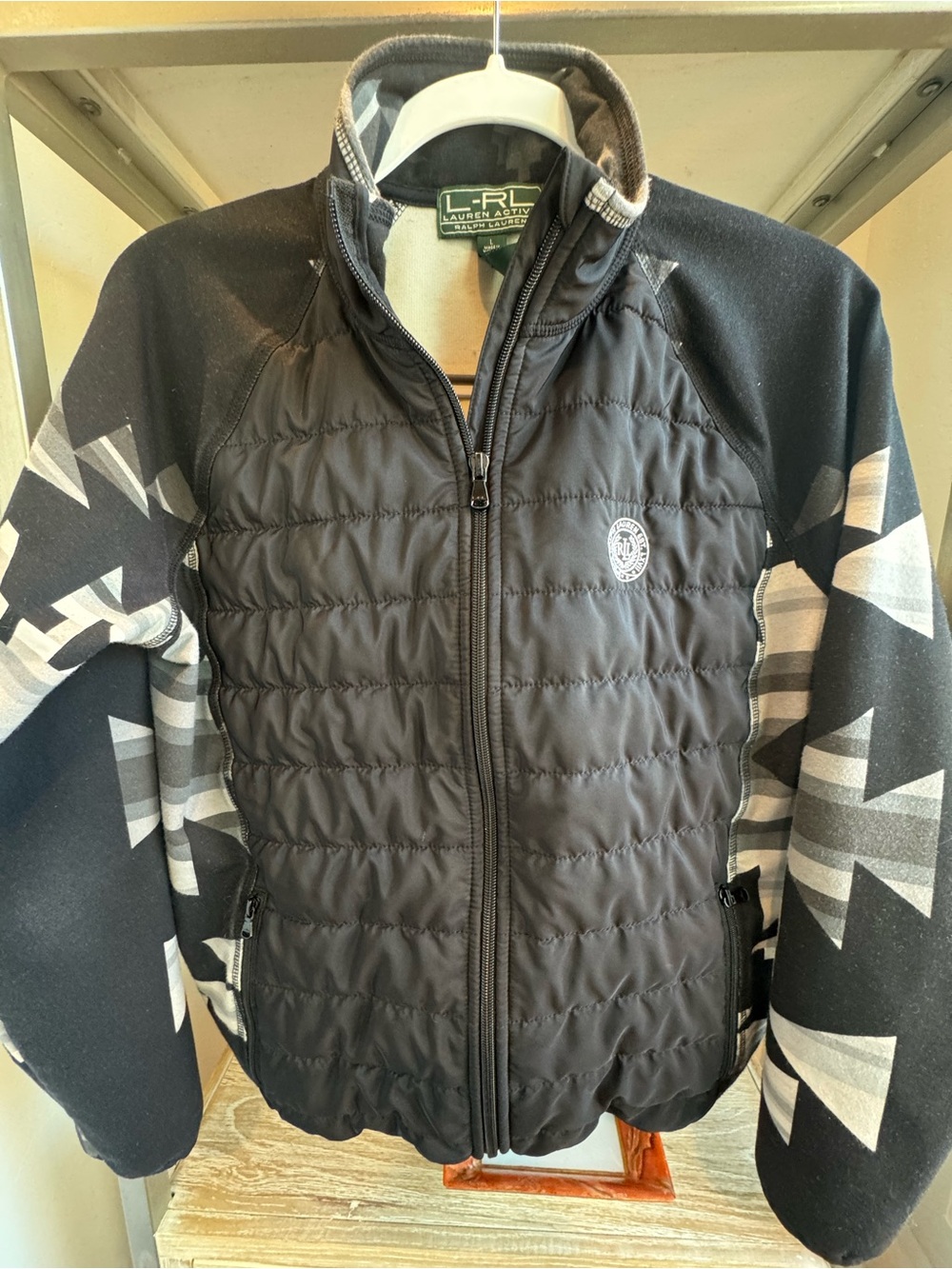 Lauren Ralph Lauren Black Quilted Puffer Jacket with Geometric Sleeve Pattern